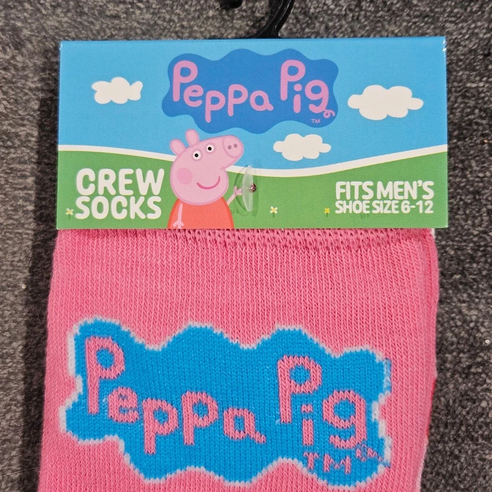 NEW Peppa Pig Pink‎ Crew Socks Mens Shoe Size 6-12 Graphic Logo Novelty